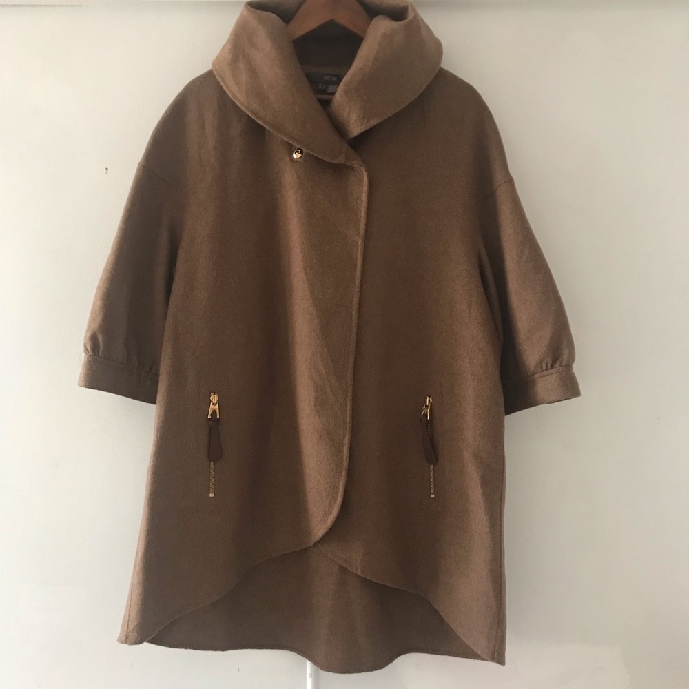 Per Se Asymmetric Coat Open Front  High Neck 100% Wool